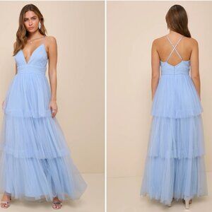 Lulu's Charming Glamour Light Blue Tulle Sleeveless Tiered Maxi Dress
